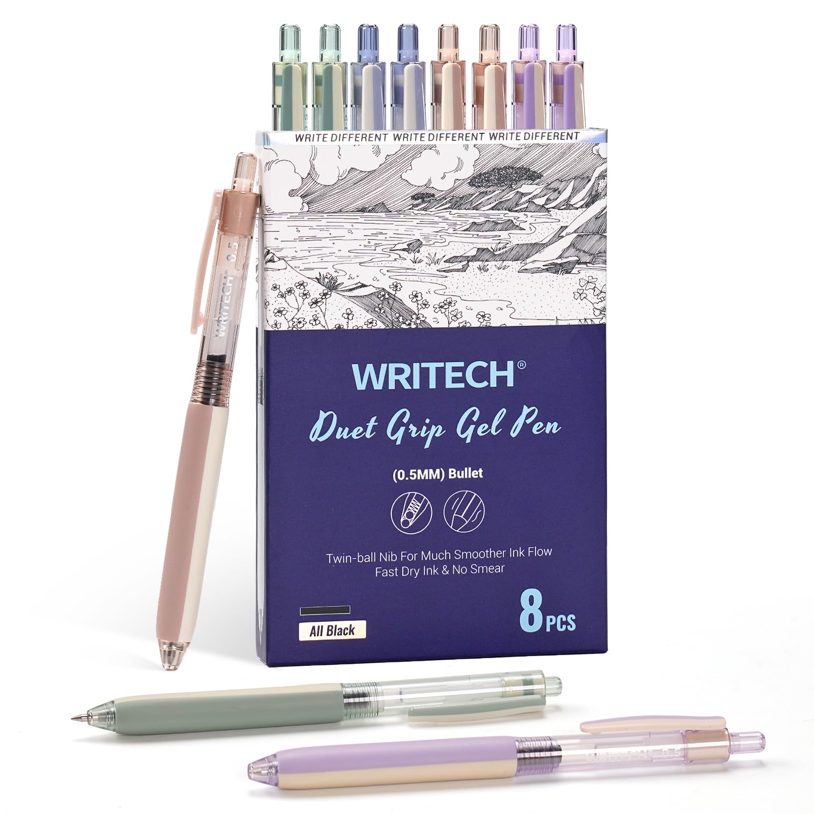 Writech Retractable Gel Ink Pens: 8Ct Black Ink 0.5Mm Extra Fine Point Tip Click Pen For Smooth Writing Journaling Drawing Note